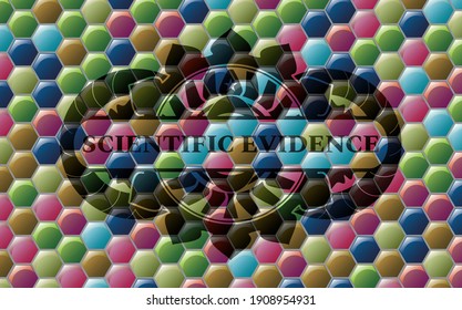 Wissenschaftlicher Beweistext in Farbigen Süßigkeiten mehrfarbig realistisches Emblem. Hexagon-fantasievoller Hintergrund. Illustration. 