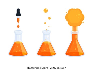 Experimento científico con frasco de Erlenmeyer y reacción líquida de naranja. Química, investigación de laboratorio, educación y ciencia, conceptos STEM. Ilustración plana aislada sobre fondo blanco