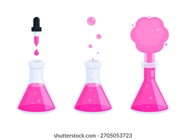 Experimento científico con frasco de Erlenmeyer y reacción líquida rosada. Química, investigación de laboratorio, educación y ciencia, conceptos STEM. Ilustración plana aislada sobre fondo blanco	