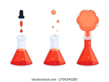 Scientific experiment with Erlenmeyer flask and red liquid reaction. Chemistry, laboratory research, education, and science, STEM concepts. Flat illustration isolated on white background