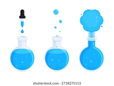 Experimento científico con frasco de fondo redondo de Florencia y reacción líquida azul. Química, investigación de laboratorio, educación, ciencia, concepto STEM. Ilustración vectorial plana aislada sobre fondo blanco