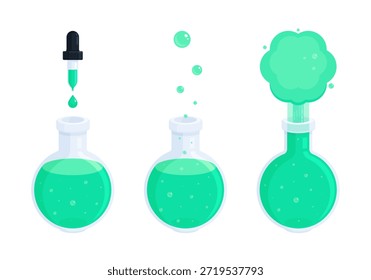 Experimento científico con frasco de fondo redondo de Florencia y reacción líquida verde azulado. Química, investigación de laboratorio, educación, ciencia, concepto STEM. Ilustración vectorial plana aislada sobre fondo blanco