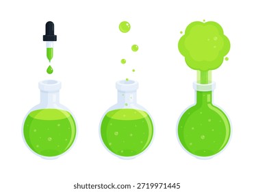 Experimento científico con frasco de fondo redondo de Florencia y reacción líquida verde. Química, investigación de laboratorio, educación, ciencia, concepto STEM. Ilustración vectorial plana aislada sobre fondo blanco