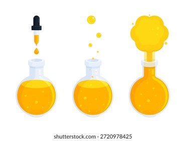 Experimento científico con frasco de fondo redondo de Florencia y reacción líquida amarilla. Química, investigación de laboratorio, educación, ciencia, STEM. Ilustración vectorial plana aislada sobre fondo blanco