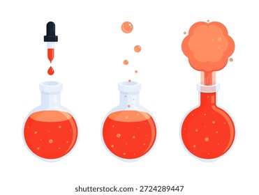 Scientific experiment with Florence round-bottom flask and red liquid reaction. Chemistry, laboratory research, education, science, STEM. Flat vector illustration isolated on white background