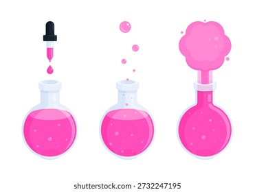 Experimento científico con frasco de fondo redondo de Florencia y reacción líquida rosada. Química, investigación de laboratorio, educación, ciencia, CTIM. Ilustración vectorial plana aislada sobre fondo blanco