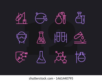 Scientific experiment icon. Set of line icon on white background. Chemical reaction, laboratory equipment, research. Chemistry concept. Vector can be used for topics like medicine, education, science