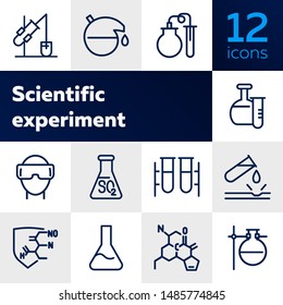 Scientific experiment icon. Set of line icon on white background. Chemical reaction, laboratory equipment, research. Chemistry concept. Vector can be used for topics like medicine, education, science
