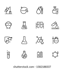 Scientific experiment icon. Set of line icon on white background. Chemical reaction, laboratory equipment, research. Chemistry concept. Vector can be used for topics like medicine, education, science