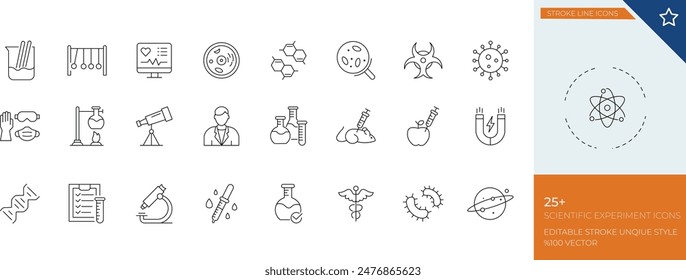 Conjunto de iconos de línea de experimento científico - ilustración plana de stock" es una colección de iconos minimalistas dibujados en línea que representan varios Elementos relacionados con experimentos científicos.