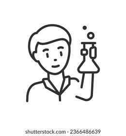 Scientific experiment, linear icon. Person holding a flask with a chemical reaction in his hand. Chemical research. Line with editable stroke