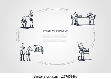 Scientific Experiment - medical workers making experiments with blood and tests in laboratory vector concept set. Hand drawn sketch isolated illustration