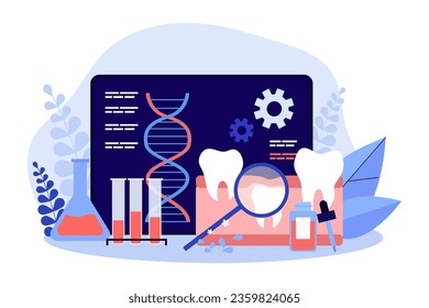 Scientific experiment on teeth vector illustration. Drug for tooth to regrow under magnifier, laboratory equipment and DNA data on screen. Science, dentistry, medicine concept