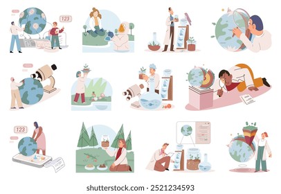 Experiência científica. Ilustração vetorial. O pesquisador de ocupação envolve a realização de investigações e experimentos sistemáticos. A educação e o conhecimento do desenvolvimento contínuo são cruciais