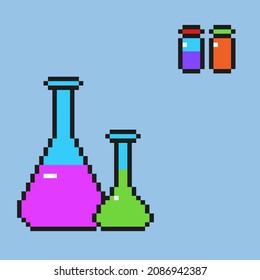 Scientific experiments, chemistry, pixel art icon. For illustration, games, advertising, print, web, poster, icon, pictogram, packaging. Four flasks with liquid.