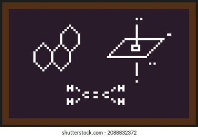 Scientific experiments, chemistry, pixel art vector icon. Blackboard with written chemical formulas