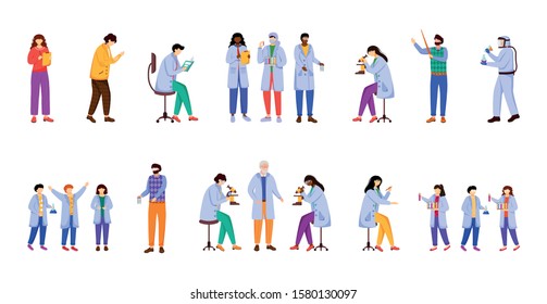 Scientific experiments flat vector illustration set. Chemistry in school. Activities for children. Conducting researches. Studying biology, chemistry isolated cartoon character on white background