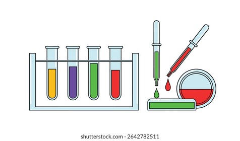 Experiências científicas e procedimentos laboratoriais que demonstrem reações químicas em vários tubos de ensaio coloridos