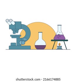 Scientific experiments. Research together with huge experimental equipment. Flat design. Minimal vector illustration. Microscope test tube and beaker glass vector illustration.