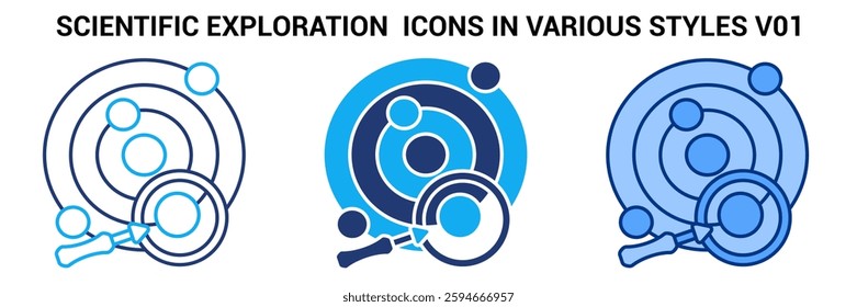 Scientific Exploration icon represented by universe, magnifying gass Blue, Dualline, Dualtone style.