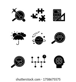 Scientific fields black glyph icons set on white space. Different branches of formal and natural science silhouette symbols. Fundamental disciplines, fields of study. Vector isolated illustration