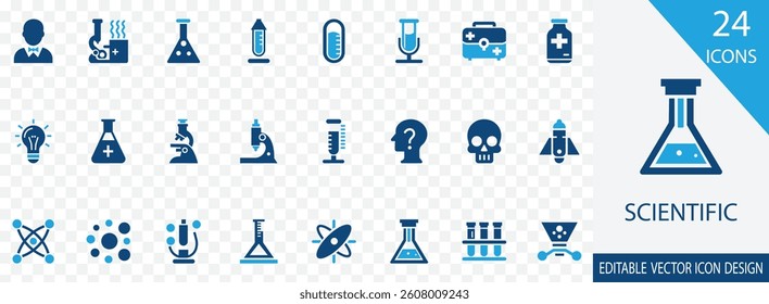 Scientific filled icon set. containing Chemistry, Biology, Physics, Astronomy, Microscope, Laboratory and more vector design