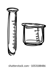 A scientific flask and a beaker, with measurements.