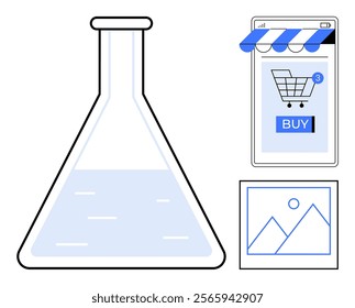 A scientific flask with liquid, a mobile shopping cart with a buy button and a picture icon with mountains. Ideal for science, e-commerce, technology, digital marketing, research. Simple clean style