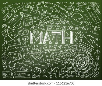 Scientific formulas and calculations in physics and mathematics on whiteboard. The lesson of algebra and geometry in school. Education and Science. engraved hand drawn in old sketch and vintage style.