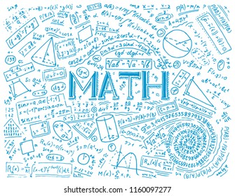 Scientific formulas and calculations in physics and mathematics on whiteboard. The lesson of algebra and geometry in school. Education and Science. engraved hand drawn in old sketch and vintage style.