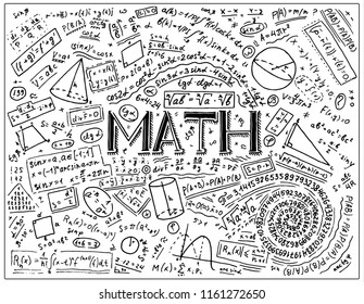 Scientific formulas and calculations in physics and mathematics on whiteboard. The lesson of algebra and geometry in school. Education and Science. engraved hand drawn in old sketch and vintage style.