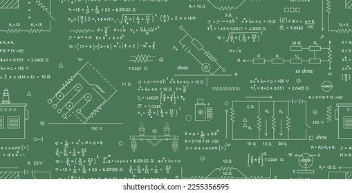 Scientific formulas for electrical calculations and circuits written on chalkboard seamless pattern.