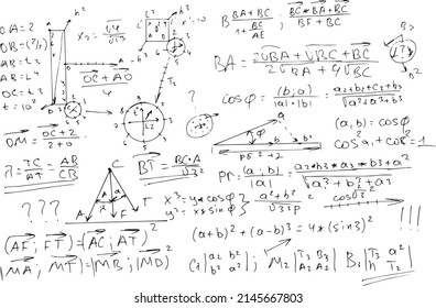 Scientific formulas and expressions. Mathematics, algebra and geometry. vector background drawn by hand.