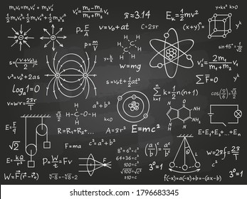 Fórmulas científicas. Matemáticas y cálculo de física en la pizarra de clases. Concepto de educación de vectores manuscrita de álgebra y ciencia física. Cálculo de matemáticas en la pizarra. Teorema de la ciencia física