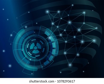 Scientific futuristic scientific interface. Abstract digital blue neon light, technology screen. The concept abstract geometric elements with shapes, circles, polygon, dots light and world futuristic.