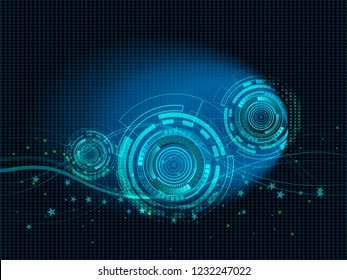 Interfaz científica futurista. Abstractas pantalla de radar azul digital. con Formas, líneas, círculos, puntos, estrella, onda, movimiento de sonido y radio de luz de neón de sonar. Placa de circuito sobre fondo azul