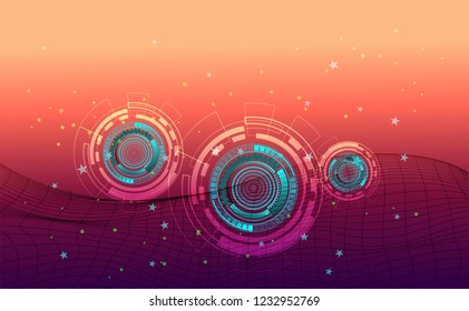 Scientific futuristic scientific interface. Abstract digital blue radar screen. Shapes, lines, circle, dot, star, wave, sound motion and sonar neon light radius. Mesh tool and red orange on background