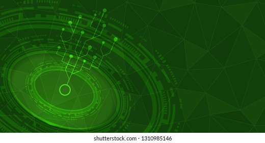 Scientific futuristic scientific interface. Abstract digital green radar screen with circuit board lines, dots, square grid lines and polygon on green background of vector illustration. 
