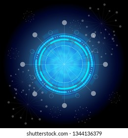 Scientific futuristic interface. Abstract digital elements with shapes circles, dots, rings, light line and square. Internet concept symbol on dark blue technology background. Vector illustration 