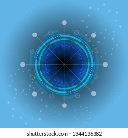 Scientific futuristic interface. Abstract digital elements with shapes circles, dots, rings, light line and square. Internet concept symbol on blue technology background. Vector illustration 