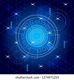 Scientific futuristic interface. Abstract digital elements with technology, lines, circles, dots and hexagon. Vector illustration circuit board polygon and neon light plus on dark blue background.
