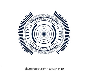 Scientific futuristic interface. Abstract digital elements with shapes circles, dots, rings, lines, square and blue radius light lines. Internet concept isolated on white technology background.