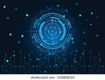 Scientific futuristic scientific interface. Abstract digital screen grid lines elements with shapes circle, lines, dots, square and dotted on dark blue Background. Circuit boards. Vector illustration 