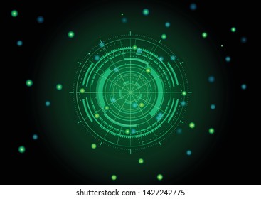 Scientific futuristic scientific interface. Abstract digital screen grid lines elements with shapes circle, lines, dots, square and dotted on dark green Background. Vector illustration