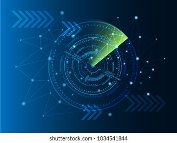 Scientific futuristic scientific interface. The concept abstract geometric elements with shapes, polygon, circles, dots light, arrow and green radar screen on dark blue technology background.  Vector 