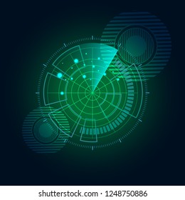 Scientific futuristic interface. The concept abstract geometric elements with shapes, circles, dots light, square grid lines and radar screen. Circuit board on dark green technology background.		
