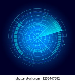 Scientific futuristic interface. The concept abstract geometric elements with shapes, circles, dots light, square grid lines and radar screen. Circuit board on dark blue technology background