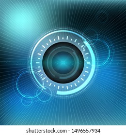 Scientific futuristic scientific interface. The concept abstract geometric elements with shapes, line, circles, dots light and radar screen. Circuit board on dark blue green technology background