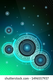 Scientific futuristic interface. The concept abstract geometric elements with shapes, line, circles, dots light and radius screen. Circuit board on dark green technology background