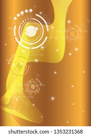 Scientific futuristic interface digital screen with white technology shapes, lines, circles, dots, ring, squares and radius. lines circuit boards. Abstract curves neon light yellow, on gold background